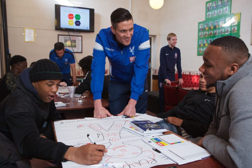 28/03/17 pic: © Sam Friedrich tel: +44 7977 482 272 www.acumenimages.com **FREE TO USE IF PROMOTING CPFC FOUNDATION** Young people taking part in a theory based session whilst doing their FA Level 1 coaching badge at Sutton Utd, Sutton meet players from Crystal Palace Football Club